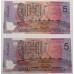 AUSTRALIA 1995 . FIVE 5 DOLLAR BANKNOTES . EVANS/FRASSER . CONSECUTIVE PAIR